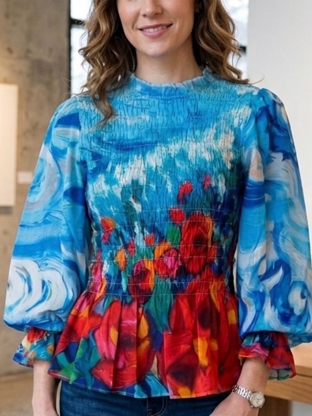 CELINA MOON Long Sleeve Short Stretch Floral Top 100% Cotton sz L NWT